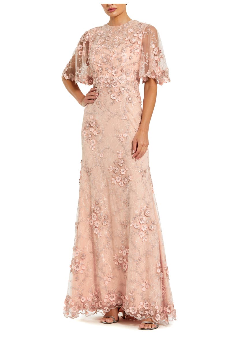 Mac Duggal Petite Flutter Sleeve Floral Embroidered Net Gown, Main, color, Rose