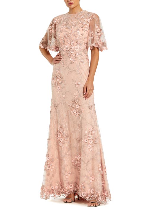 Petite Flutter Sleeve Floral Embroidered Net Gown