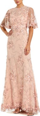 Mac Duggal Petite Flutter Sleeve Floral Embroidered Net Gown
