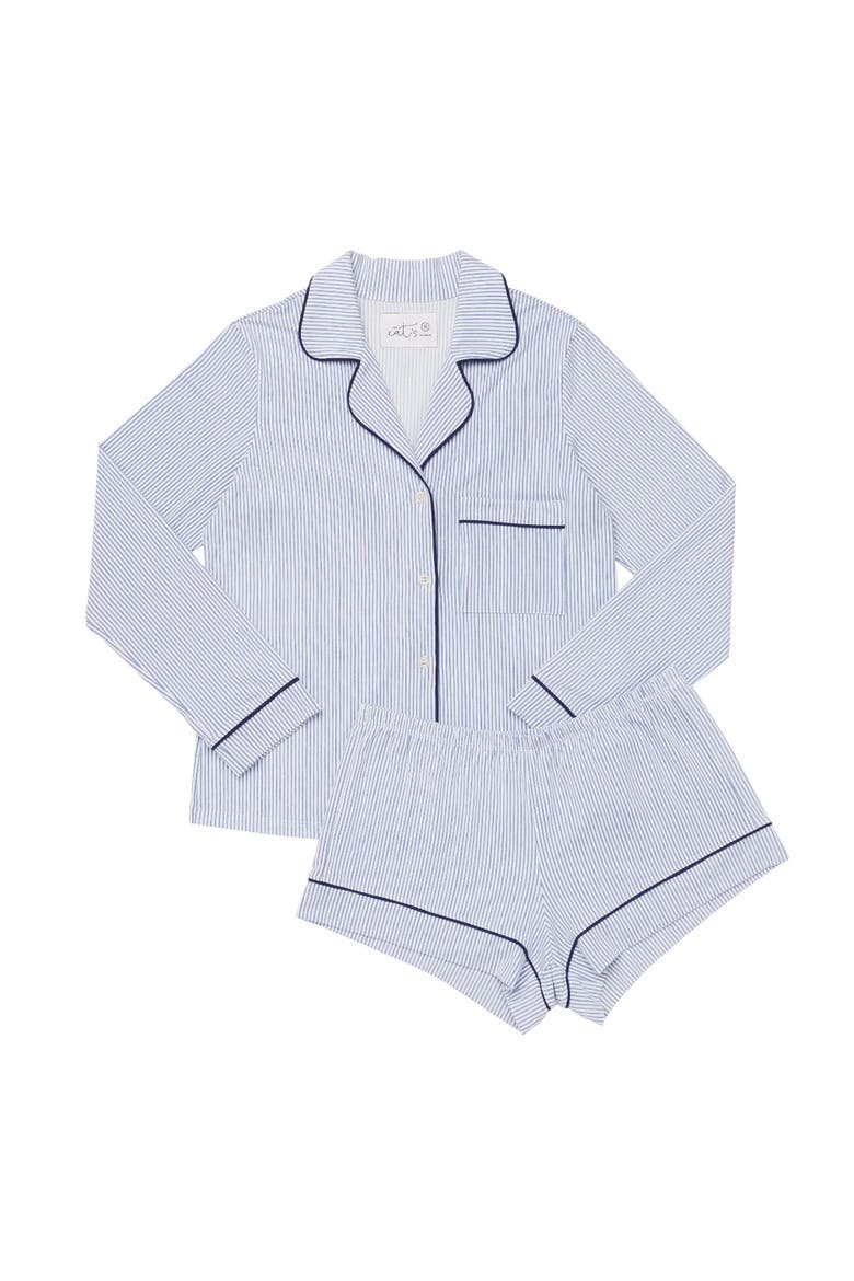 Simple Stripe Pima Knit Long-Sleeved Pajama Short Set, Alternate, color, Simple Stripe Blue