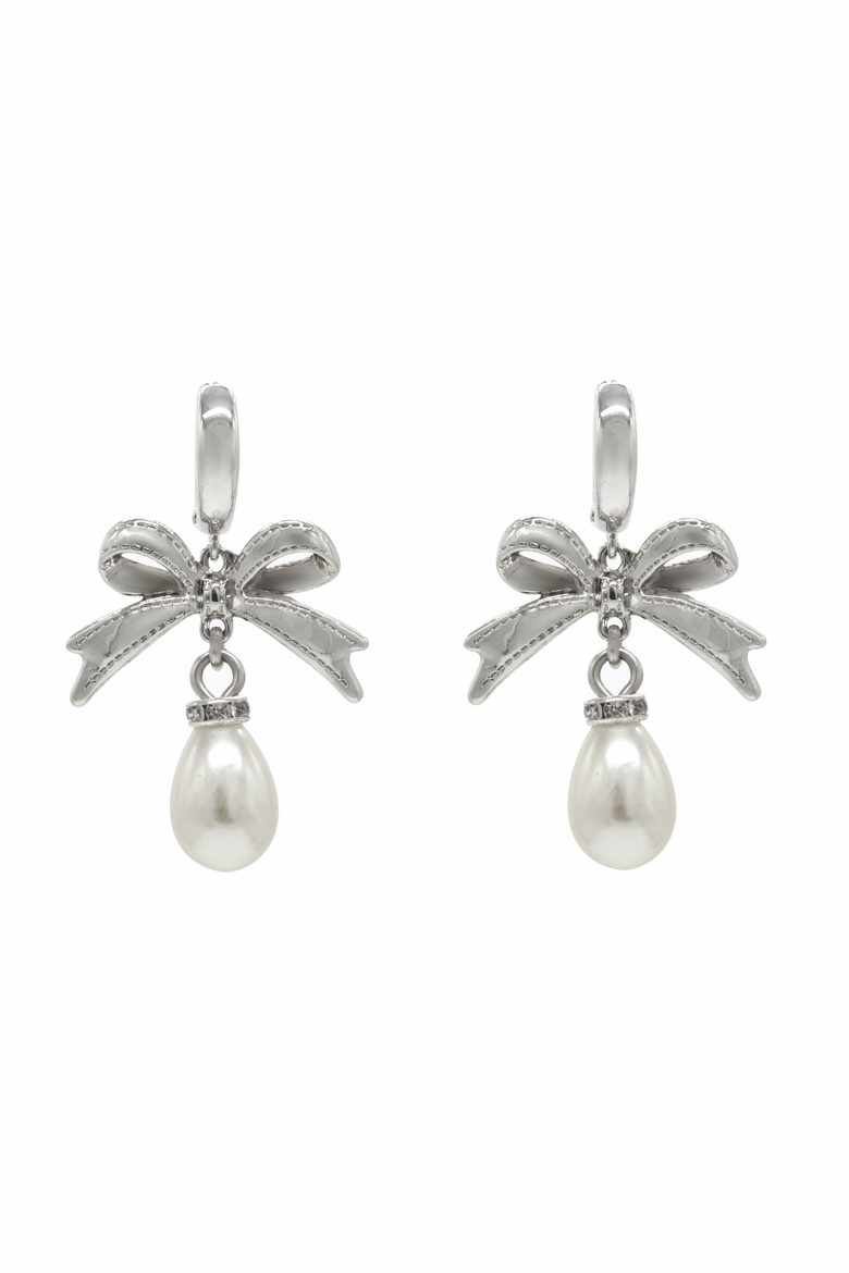 Bow Pearl Drop Huggie Earrings, Main, color, Silver
