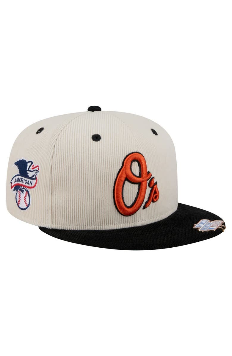 New Era Men's New Era Cream/Black Baltimore Orioles Two-Tone Corduroy 59FIFTY Fitted Hat, Alternate, color,