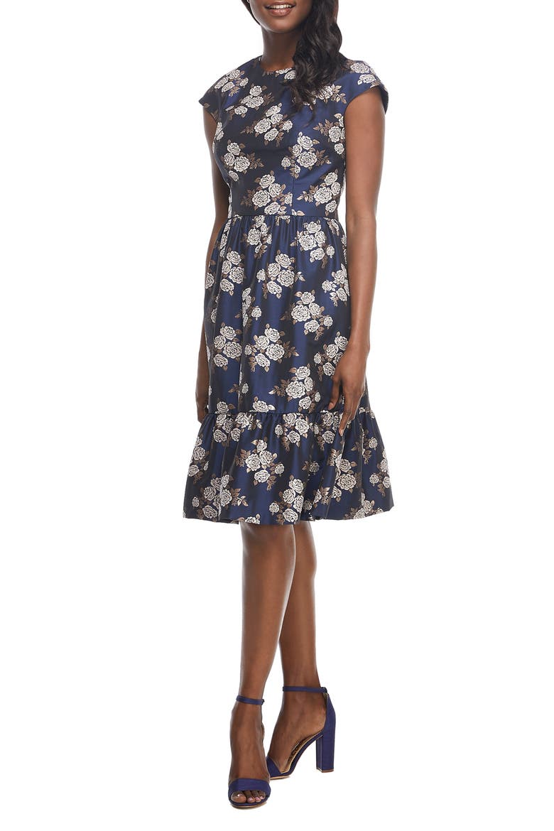 Jenny Wallpaper Rose Jacquard Fit & Flare Dress, Main, color, NAVY