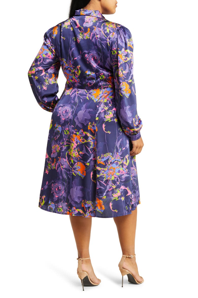 Neon Floral Long Sleeve Satin Shirtdress, Alternate, color, NAVY