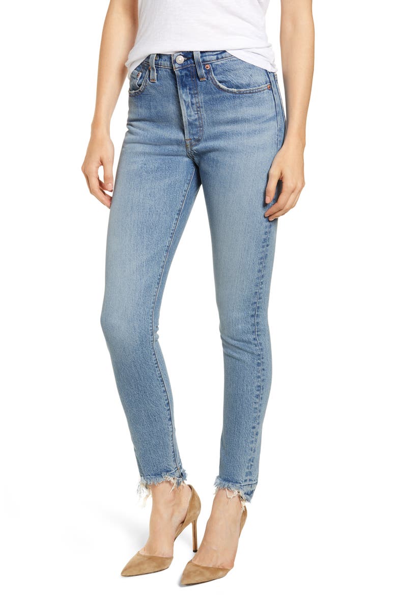 Levi's® 501® High Waist Nibbled Hem Skinny Jeans, Main, color, BLUE MARK
