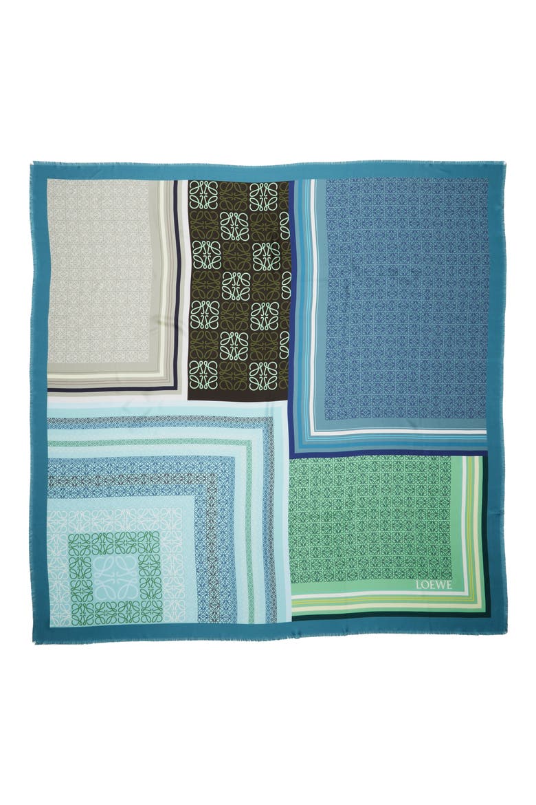 Patchwork Print Silk Square Scarf, Alternate, color, BLUE/ GREEN