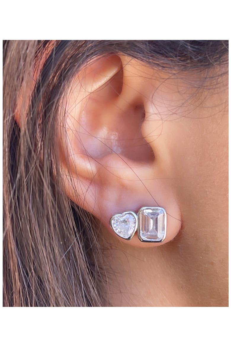 Fancy 2-Stone Bezel Stud Earrings, Alternate, color, SILVER/ WHITE