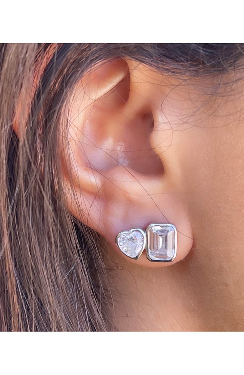 SHYMI Fancy 2-Stone Bezel Stud Earrings, Alternate, color, Silver/ White