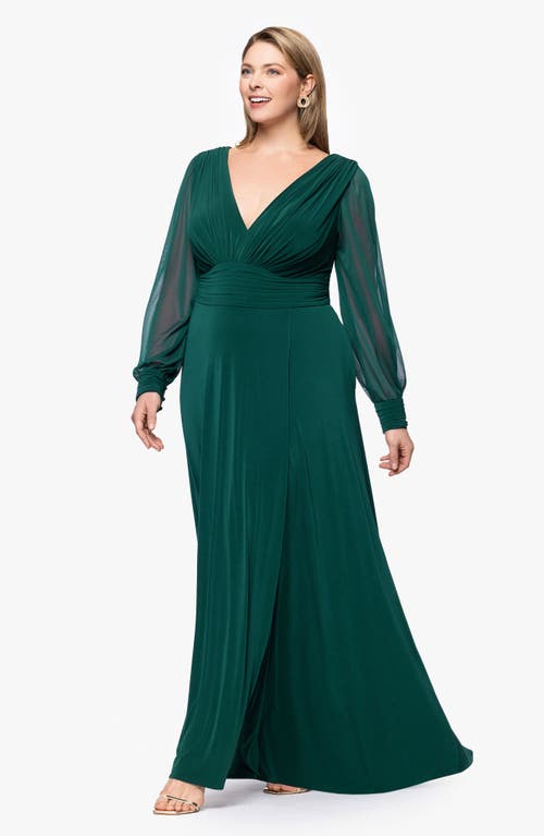 Betsy & Adam Plus Chiffon Long Sleeve V Neck Gown In Green