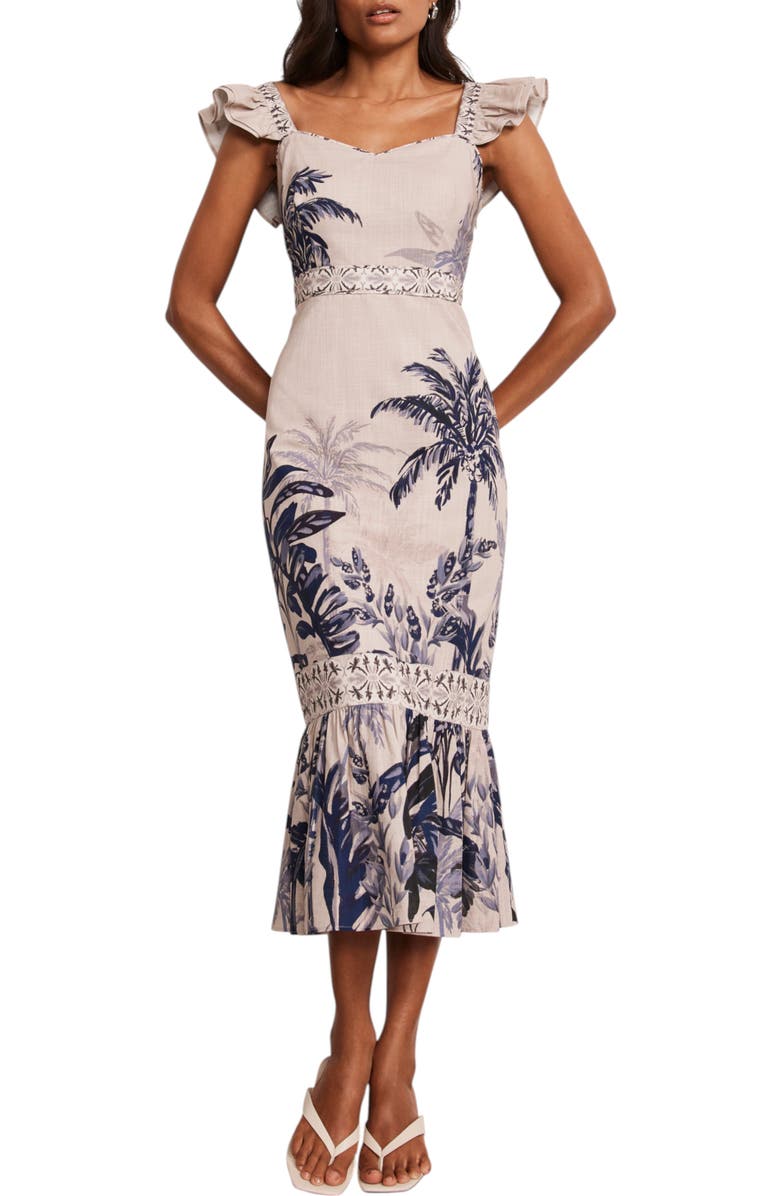 MINT VELVET Palm Print Column Midi Dress, Alternate, color, Blue
