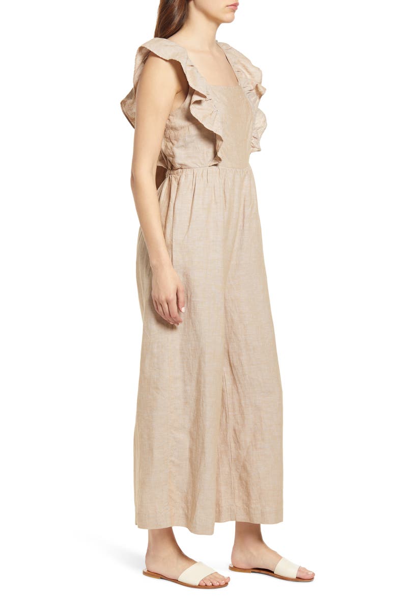 Linen Blend Ruffle Tie-Back Jumpsuit, Alternate, color, SEED KHAKI