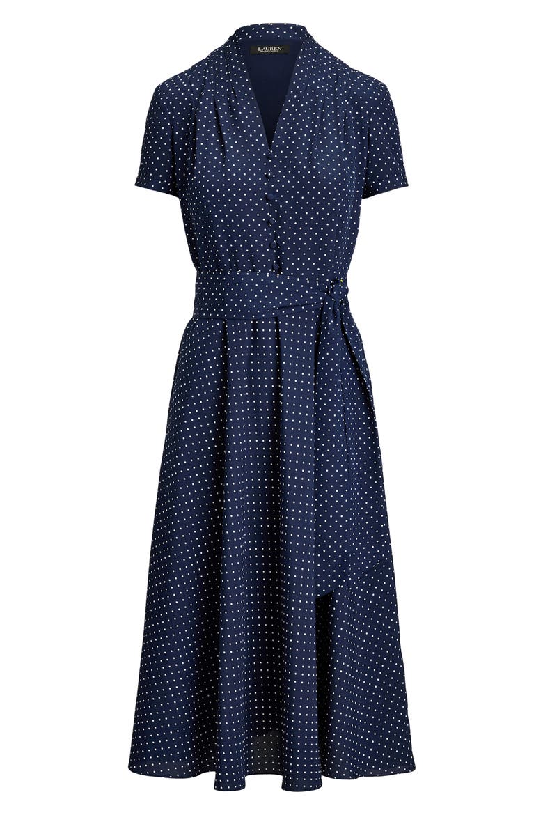 Micro Dot Crêpe de Chine Midi Dress, Alternate, color, NAVY BLUE/ WHITE