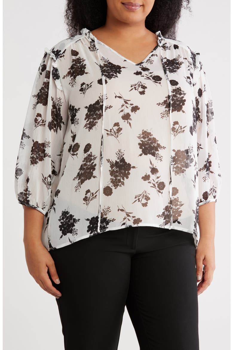 Floral Split Neck Top, Main, color, WHITE/ BLACK
