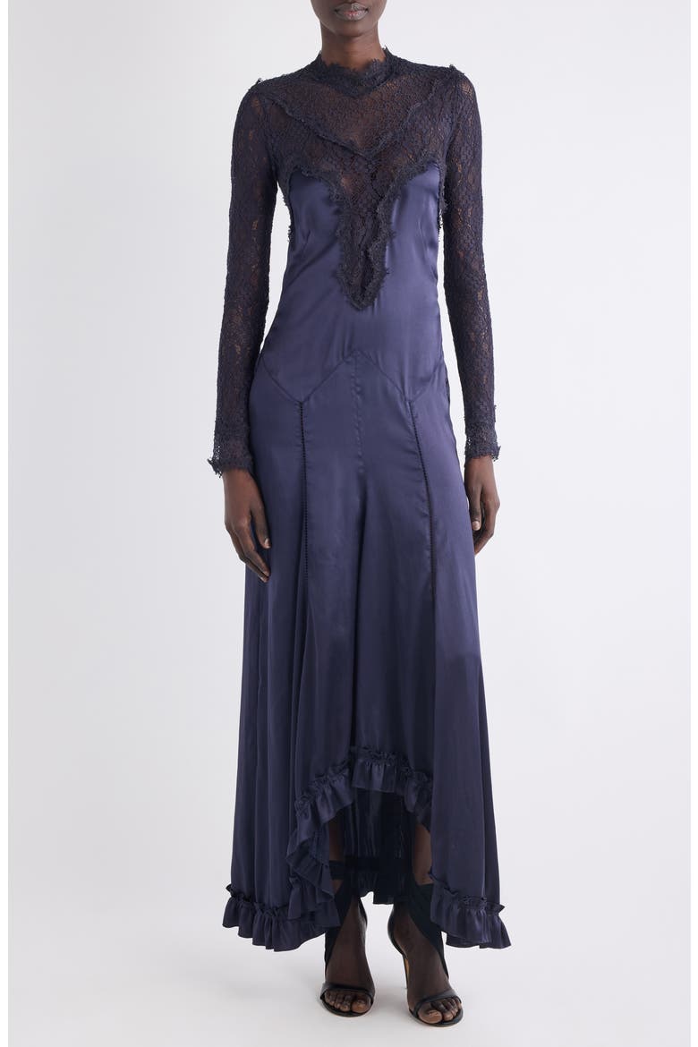 Dolores Long Sleeve Lace & Silk Satin Dress, Main, color, BLACK MIDNIGHT