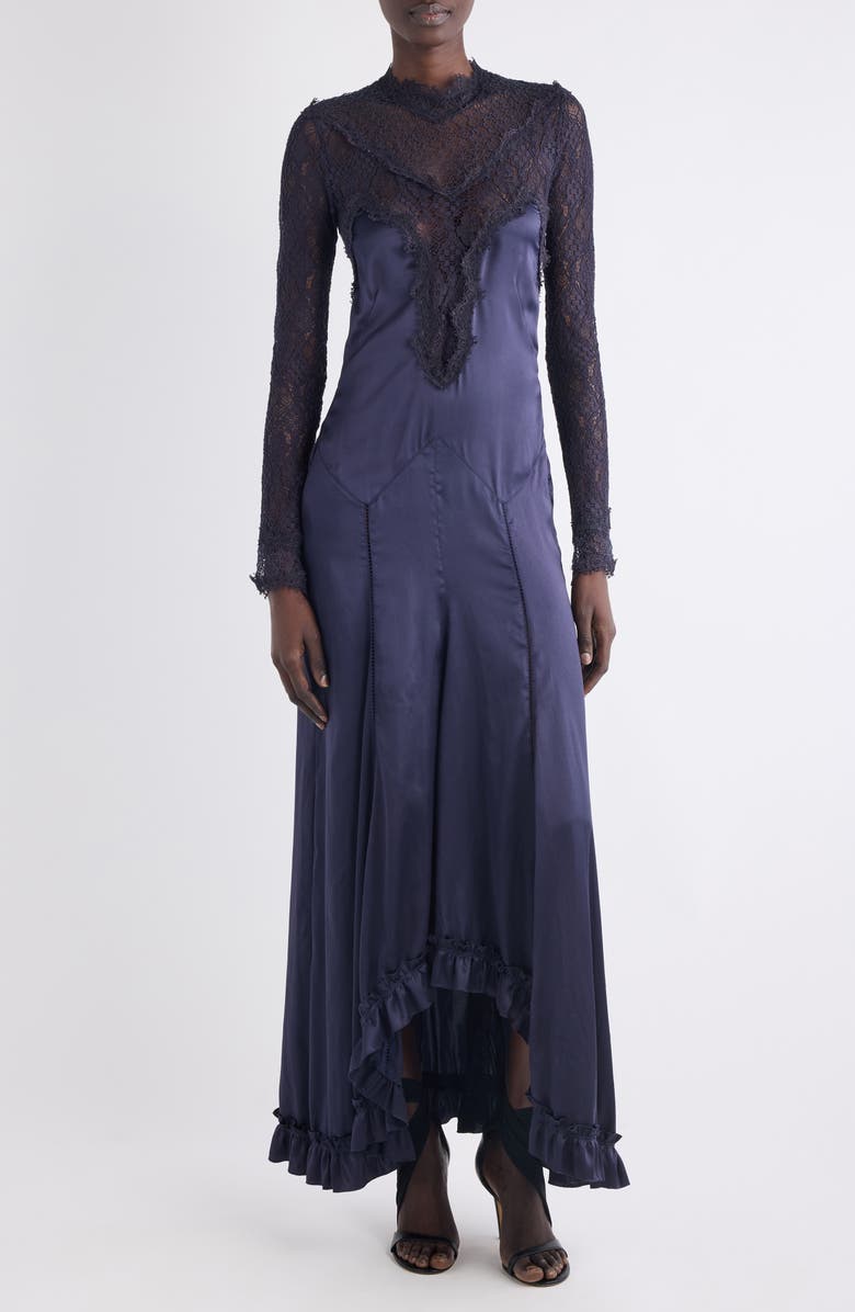 Isabel Marant Dolores Long Sleeve Lace & Silk Satin Dress, Main, color, Black Midnight