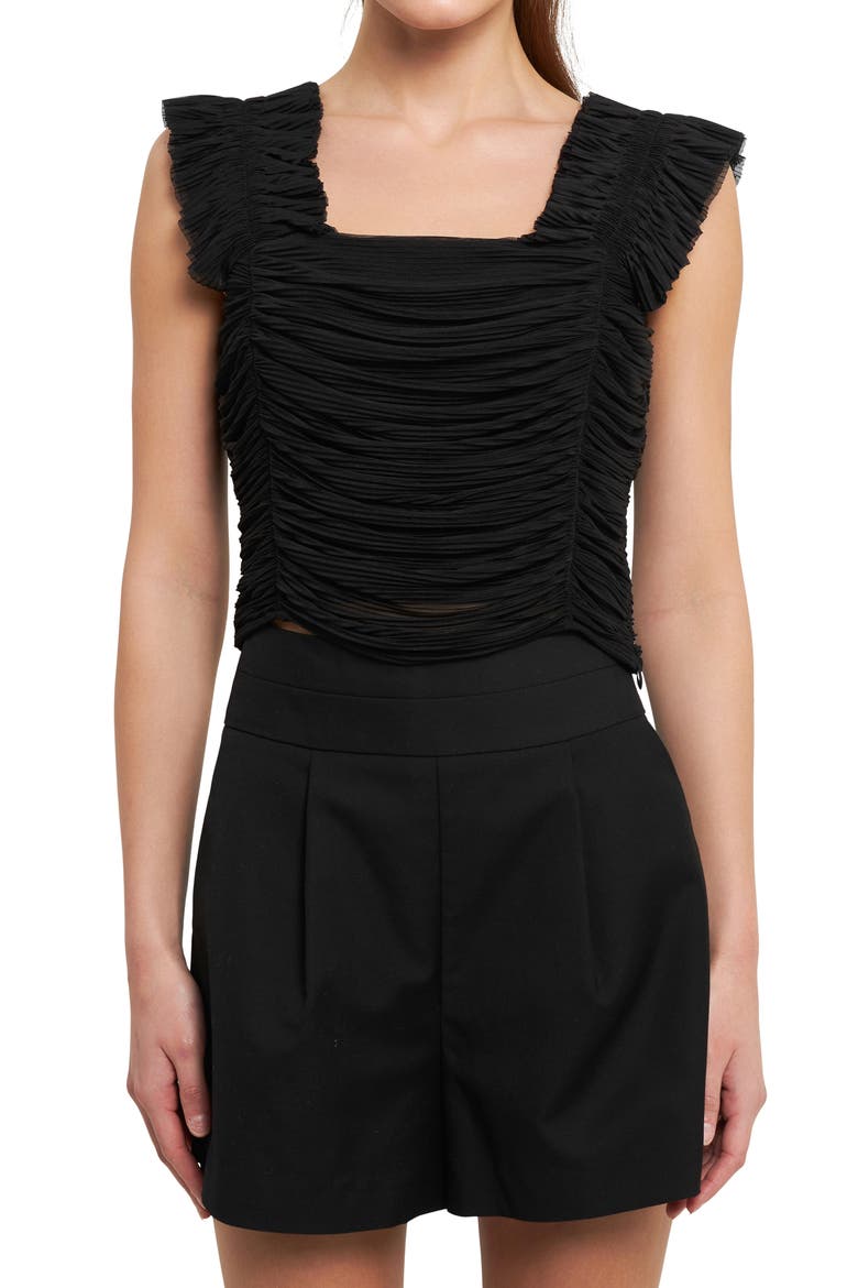 Ruffle Pleat Crop Tank, Alternate, color, BLACK