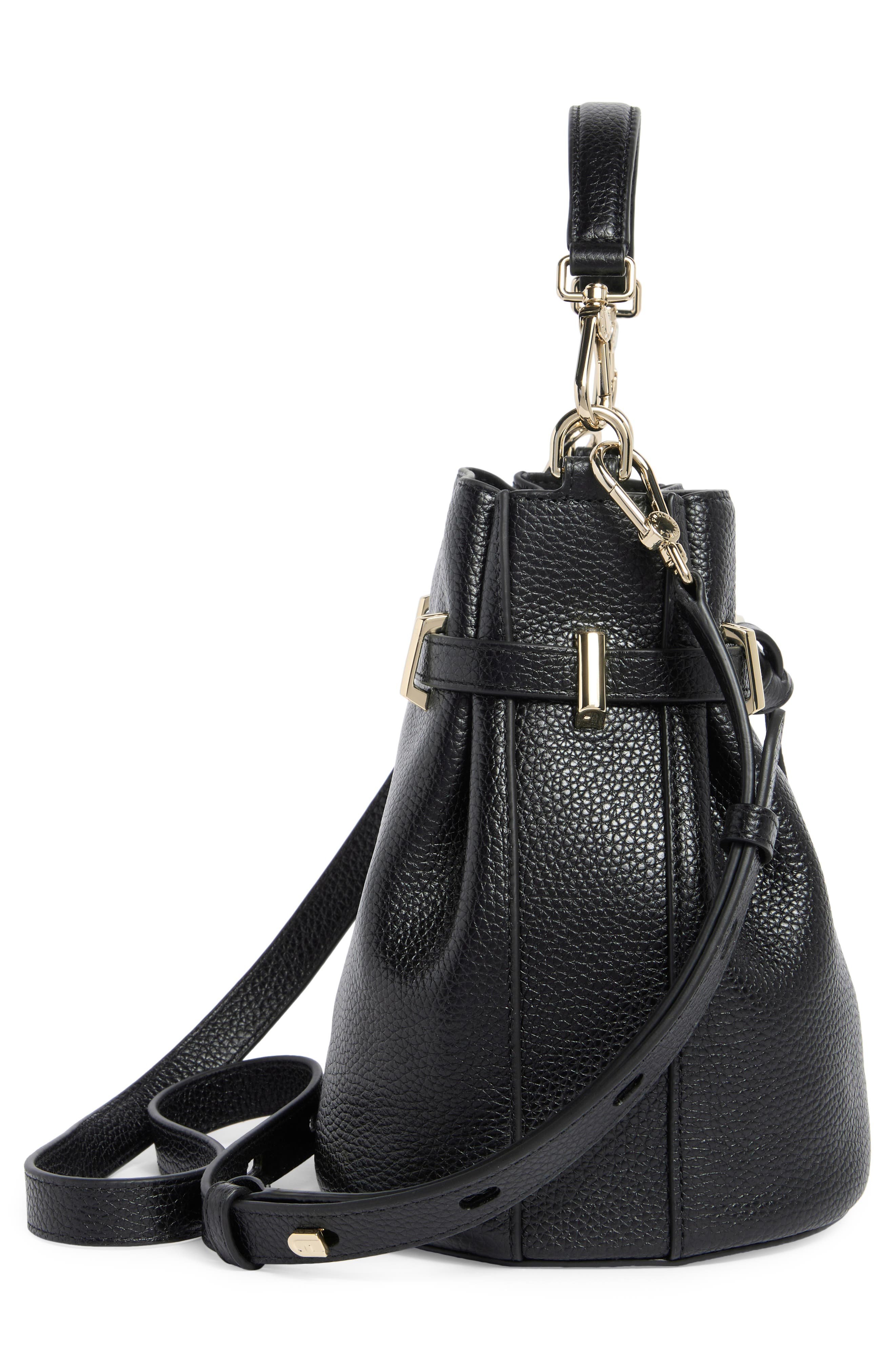 Furla Aura Mini Drawstring Leather Bucket Bag, Alternate, color, Nero