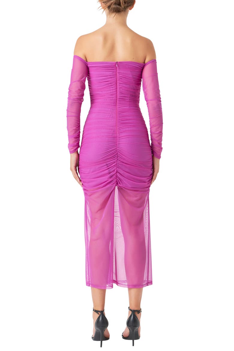 Long Sleeve Off the Shoulder Mesh Midi Body-Con Dress, Alternate, color, BERRY