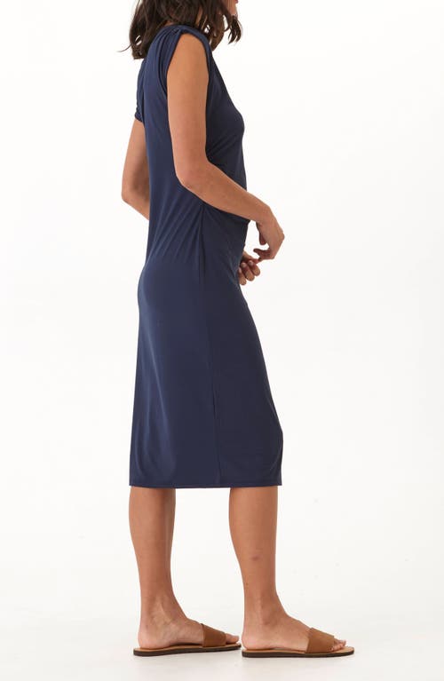 Threads 4 Thought Leoni Jers Ruched Off The Shoulder Midi Dress In Blue