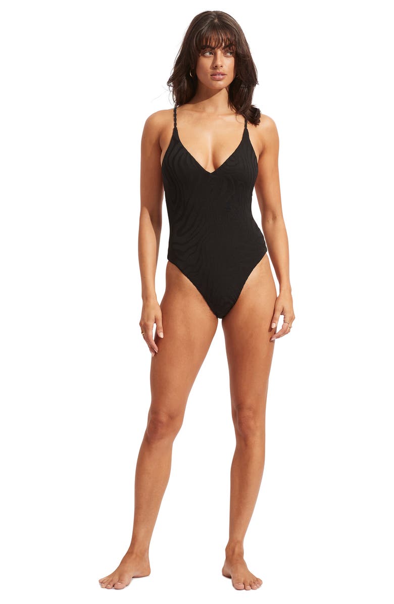Seafolly Second Wave V-Neck One-Piece Swimsuit, Alternate, color,