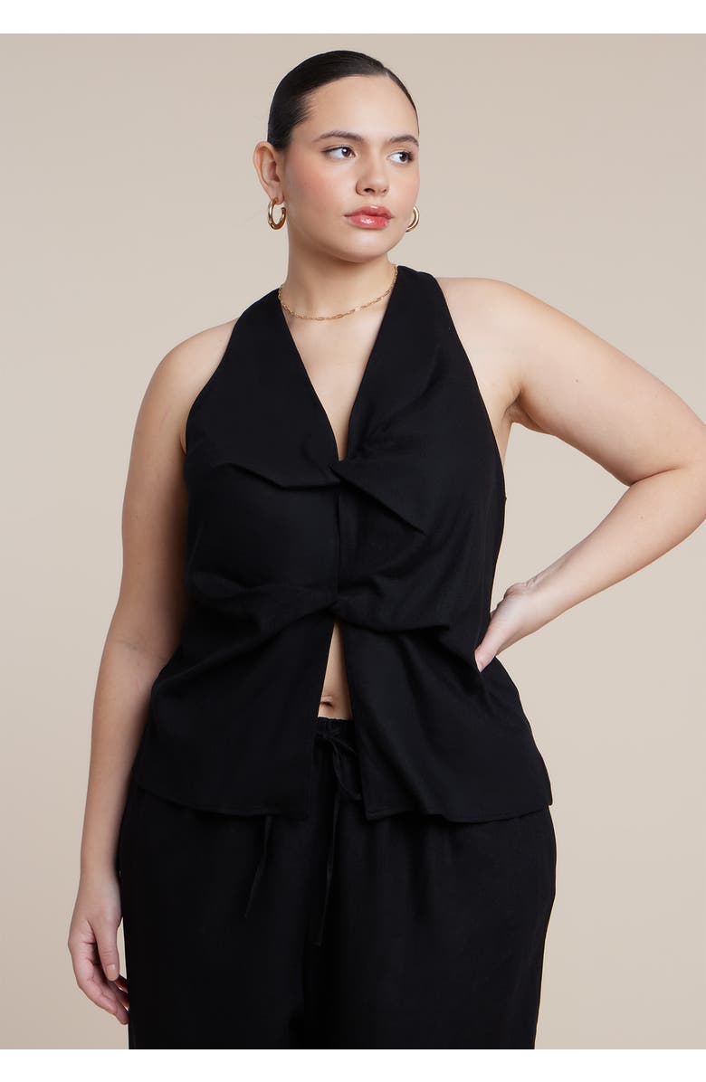 ELOQUII Twisted Linen Halter Top, Alternate, color, Black Onyx