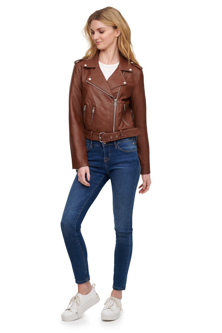 Levi's® Faux Leather Fashion Belted Moto Jacket, Alternate, color, DARK BROWN