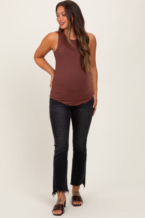 Washed Raw Hem Crop Flare Maternity Jeans