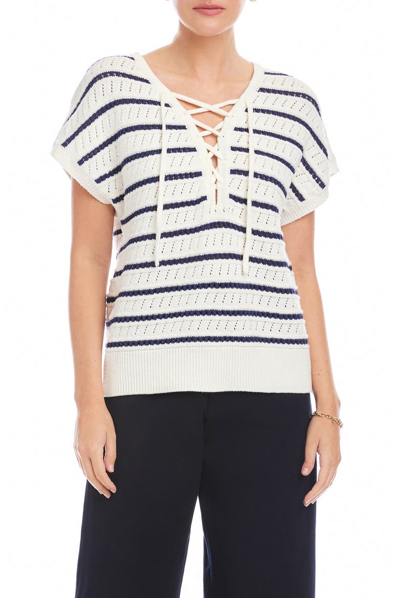 Beth Stripe Lace-Up Cotton Blend Pointelle Sweater, Main, color, OFF WHITE