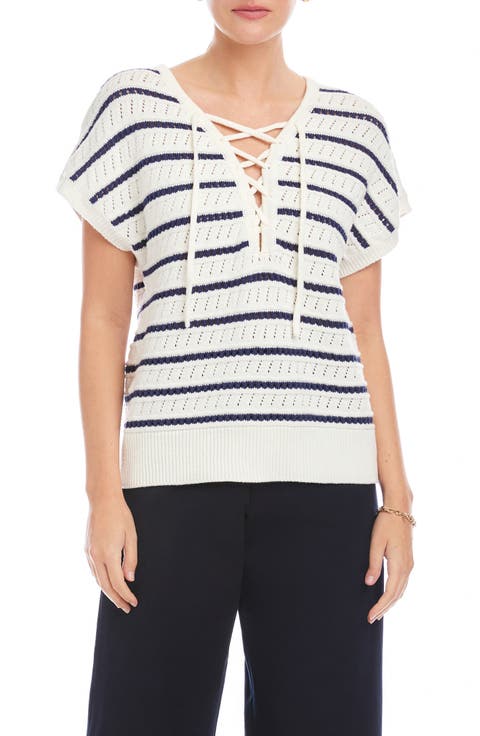 Beth Stripe Lace-Up Cotton Blend Pointelle Sweater