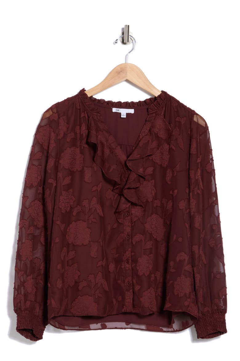 Romantic Ruffle Button-Up Shirt, Alternate, color, DEEP CRANBERRY