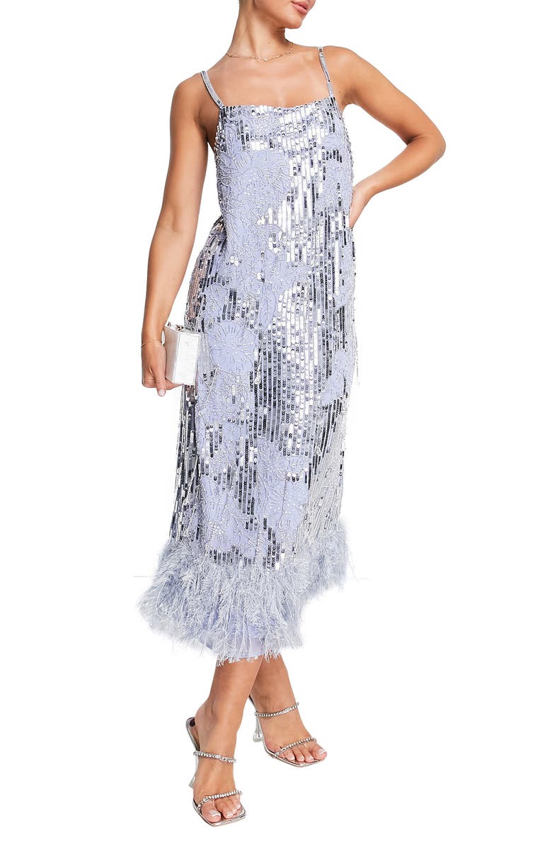 ASOS DESIGN EDITION Sequin & Bead Faux Feather Hem Midi Dress, Main, color,