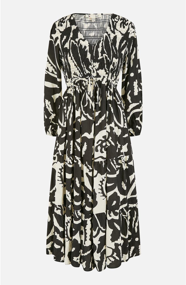 Yumi Abstract Print Ruched V-Neck Midi Dress, Alternate, color, Black