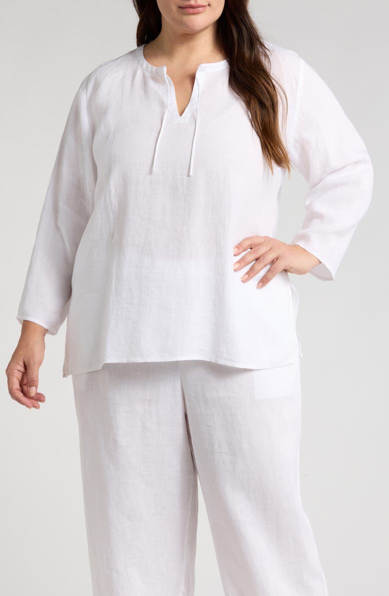 Eileen Fisher Split Neck Organic Linen Top, Main, color, White