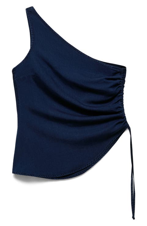 Gathered One-Shoulder Denim Top