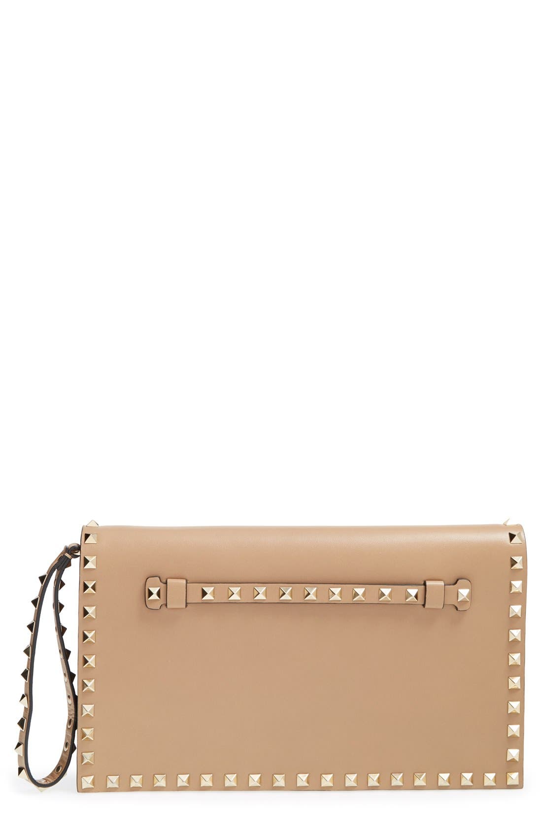 Rockstud Leather Flap Clutch, Main, color, ALPACA