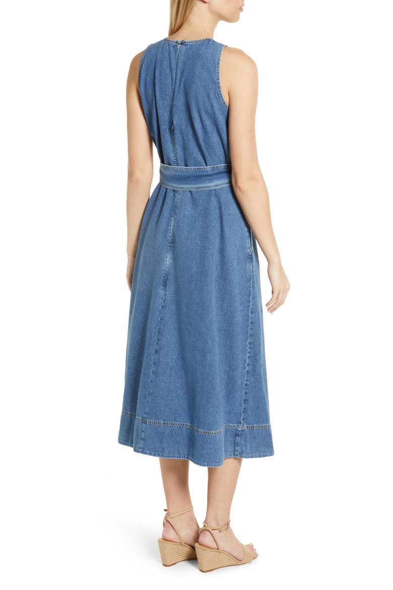 Belted Nonstretch Denim Midi Dress, Alternate, color, MID VINTAGE DENIM