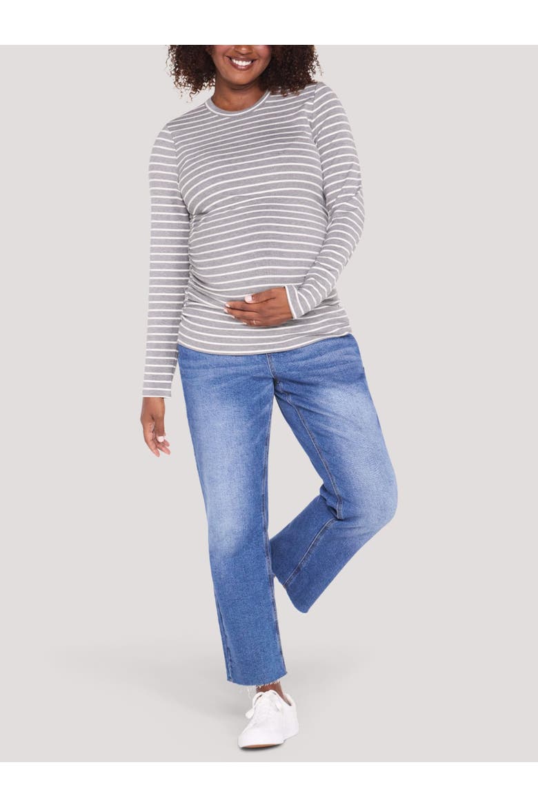 Crew Neck Long Sleeve Side Ruched Top, Alternate, color, Grey & Vanilla Ice Stripe