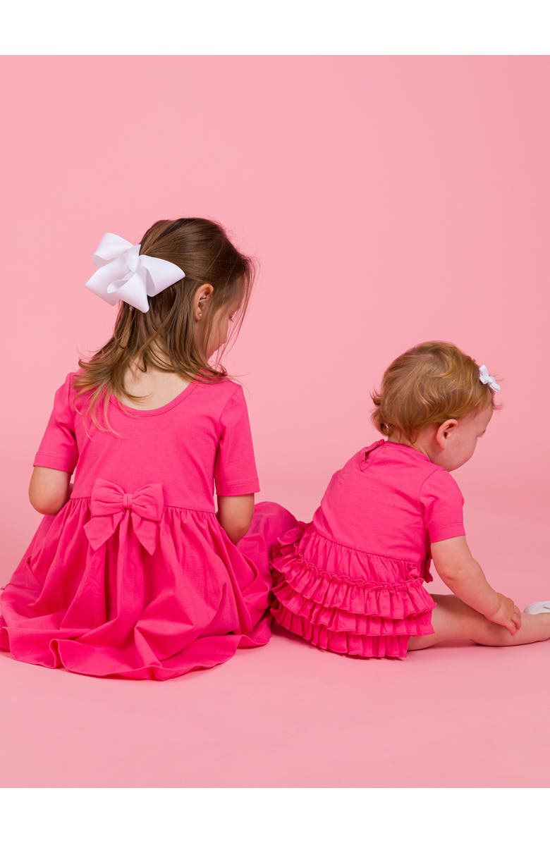 RuffleButts Knit Short Sleeve Bow Bubble Romper, Alternate, color, Hot Pink