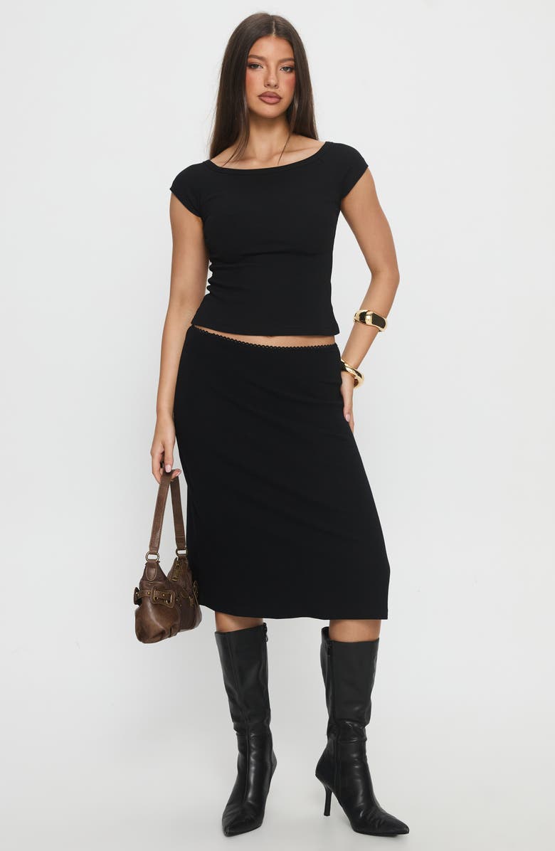 Princess Polly Baseline Stretch Recycled Cotton Rib Midi Skirt, Alternate, color, Black