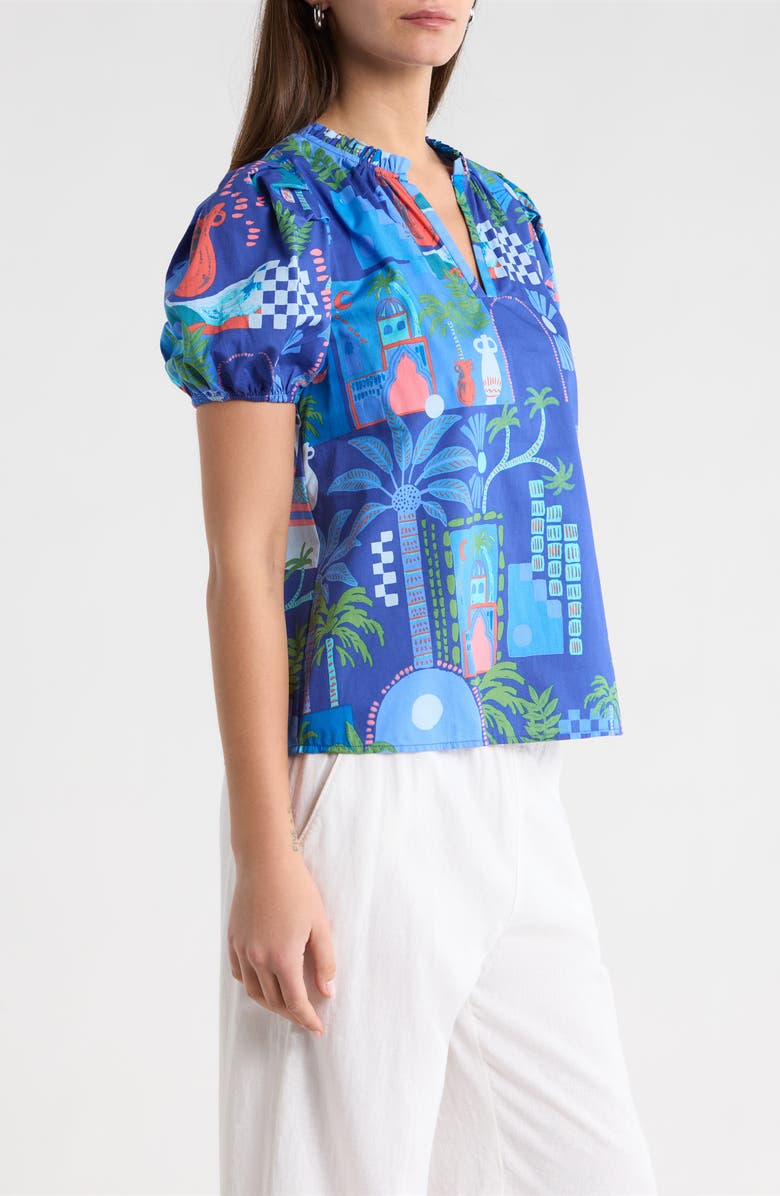 SUGARLIPS Punta Alta Berisa Split Neck Puff Sleeve Cotton Top, Alternate, color, Cobalt-Combo