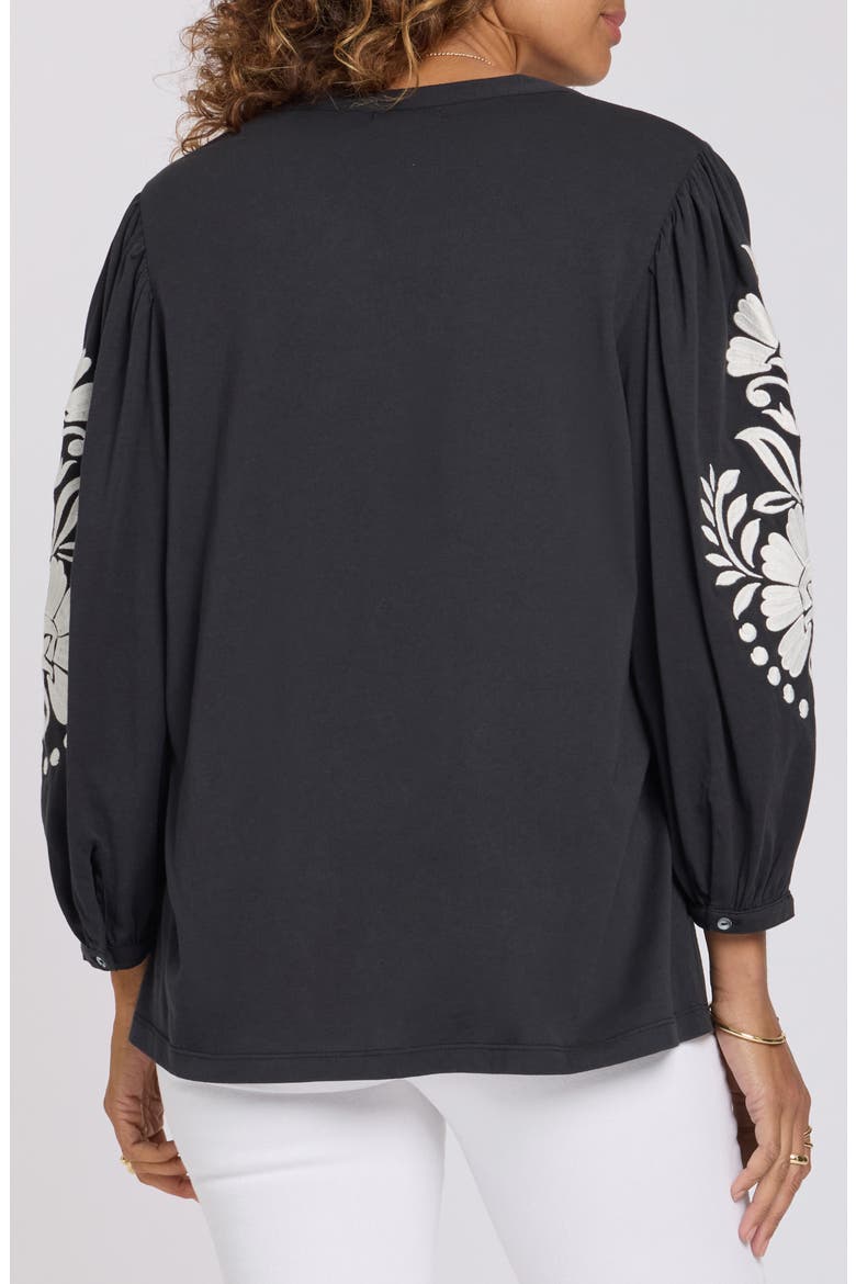 Embroidered Balloon Sleeve Cotton Button-Up Shirt, Alternate, color, BLACK/ IVORY COMBO