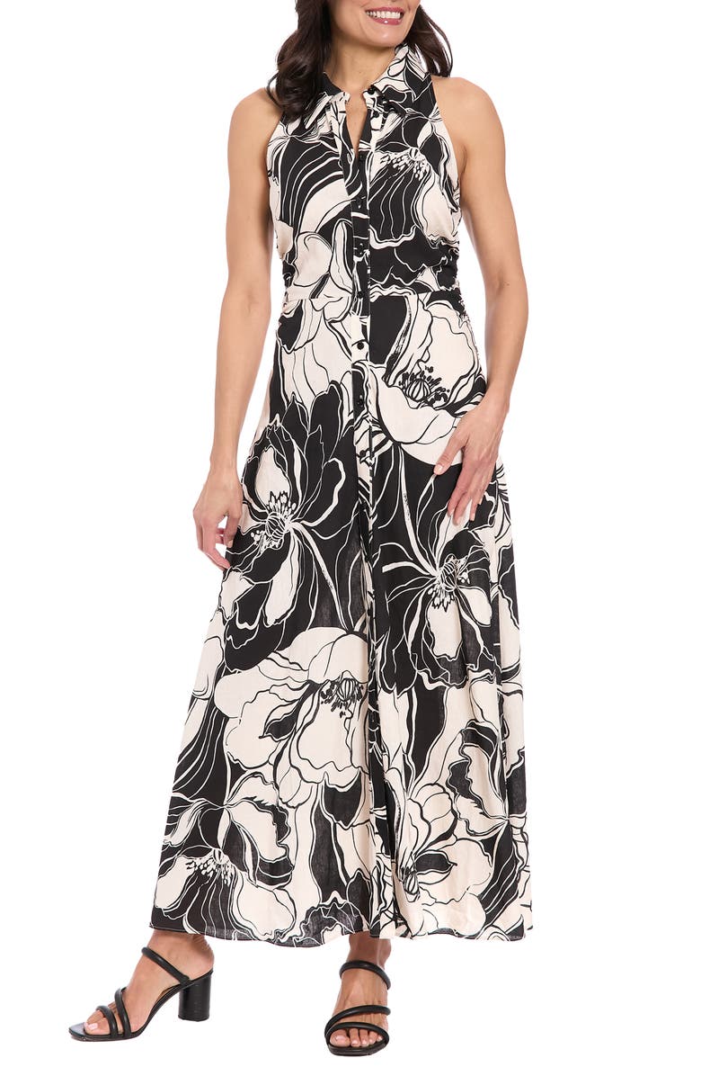 London Times Floral Sleeveless Linen Blend Maxi Shirtdress, Main, color, Black/ Beige