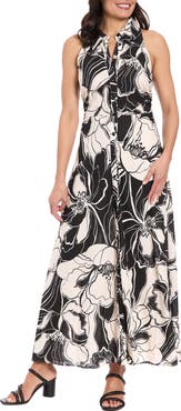 London Times Floral Sleeveless Linen Blend Maxi Shirtdress