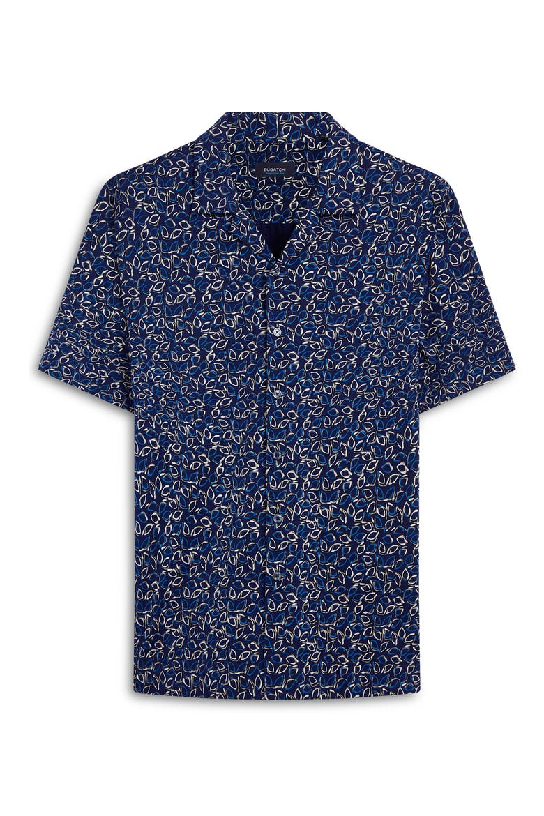 OoohCotton® Tech Leaf Print Knit Short Sleeve Button-Up Camp Shirt, Alternate, color, NAVY