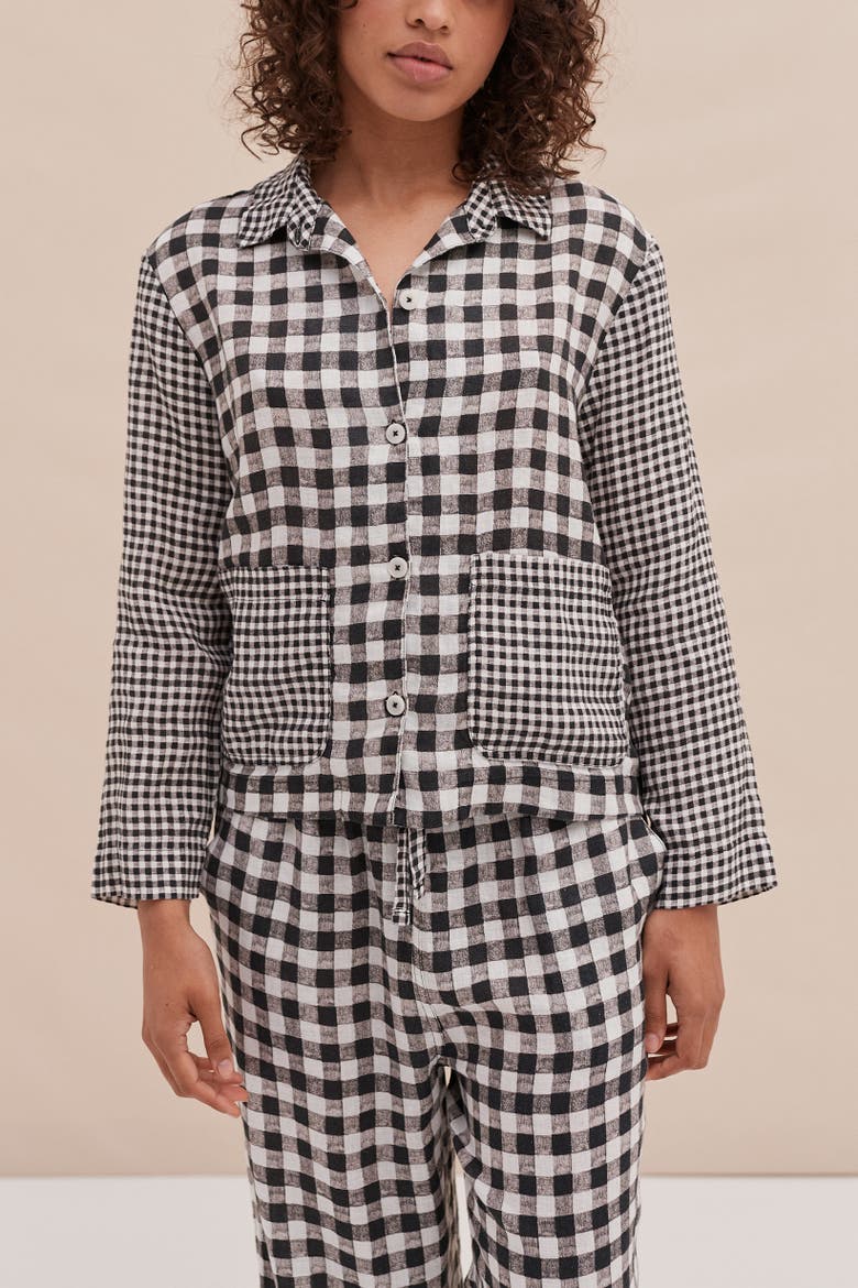 Long Sleeve Linen Pajamas, Alternate, color, GINGHAM LINEN BLACK/WHITE