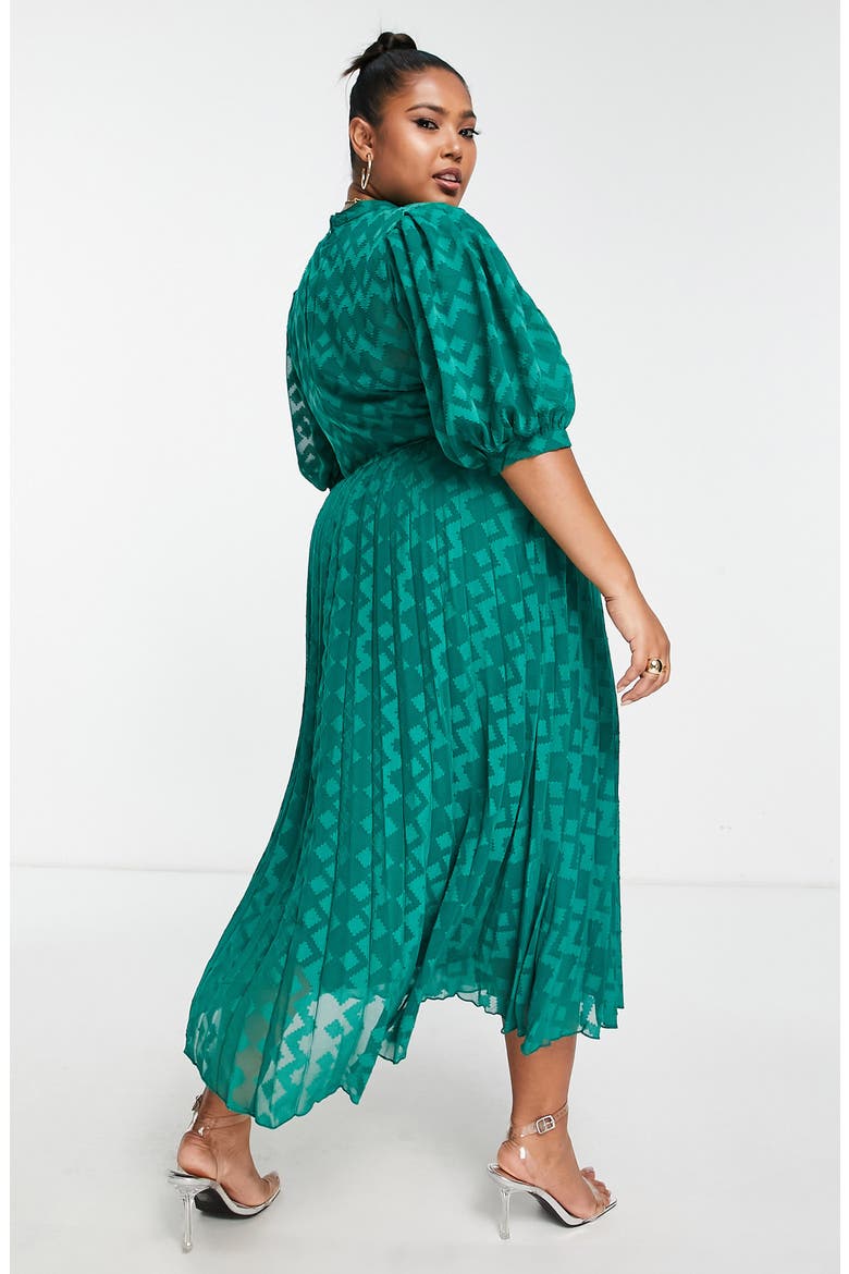 Curve Chevron Dobby Midi Dress, Alternate, color, DARK GREEN