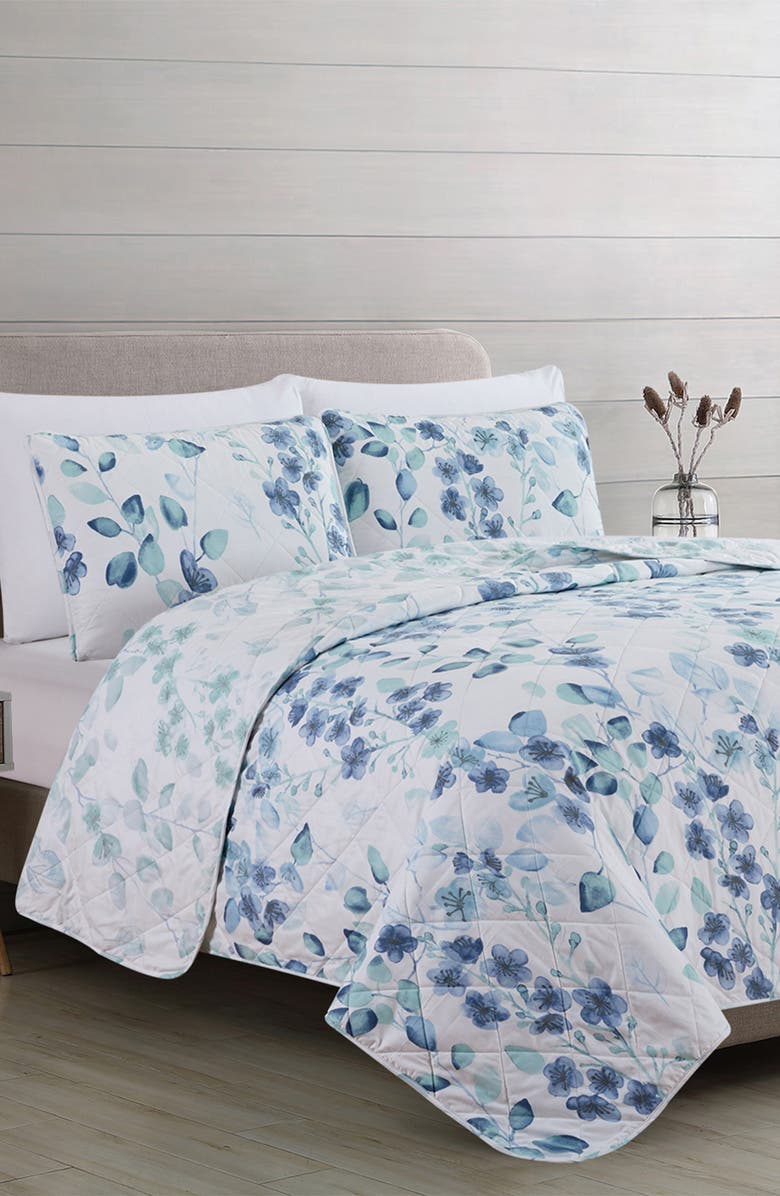 Woven & Weft Watercolor Leaves Quilt & Sham Set, Alternate, color, Blue / Green