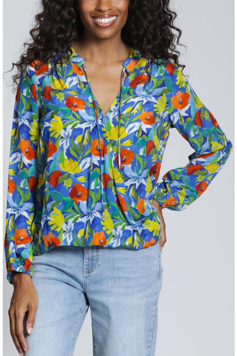 Print Surplice Neck Top, Main, color, BLUE MULTI FLOWER
