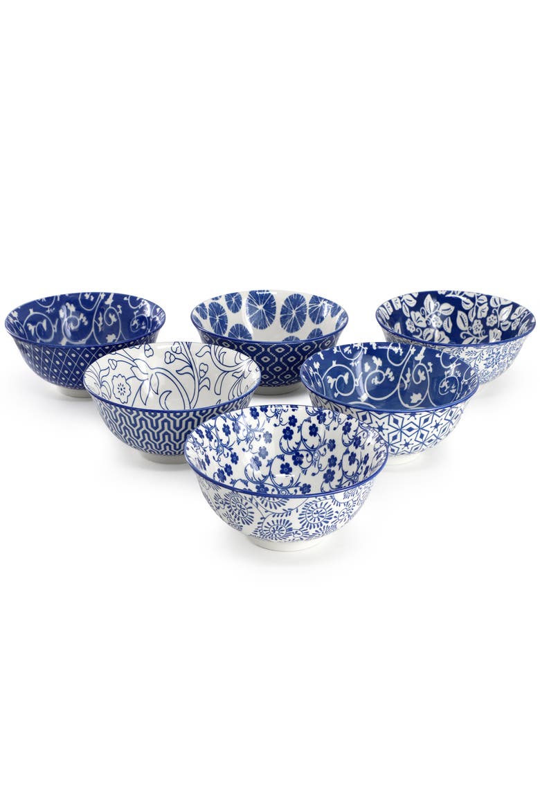 Moxy 6 Piece Assorted Design 20oz Porcelain Footed Bowl Set, Alternate, color, Blue