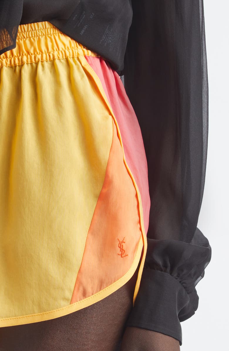 Saint Laurent Colorblock Cupro Mini Shorts, Alternate, color, Tournesol